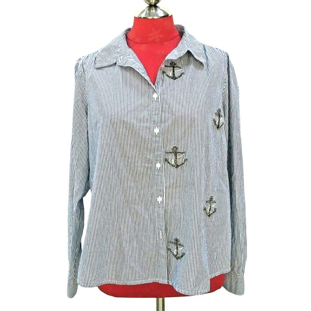 Crown & Ivy ladies size M blouse blue & white stripe beaded embroidered nautical
